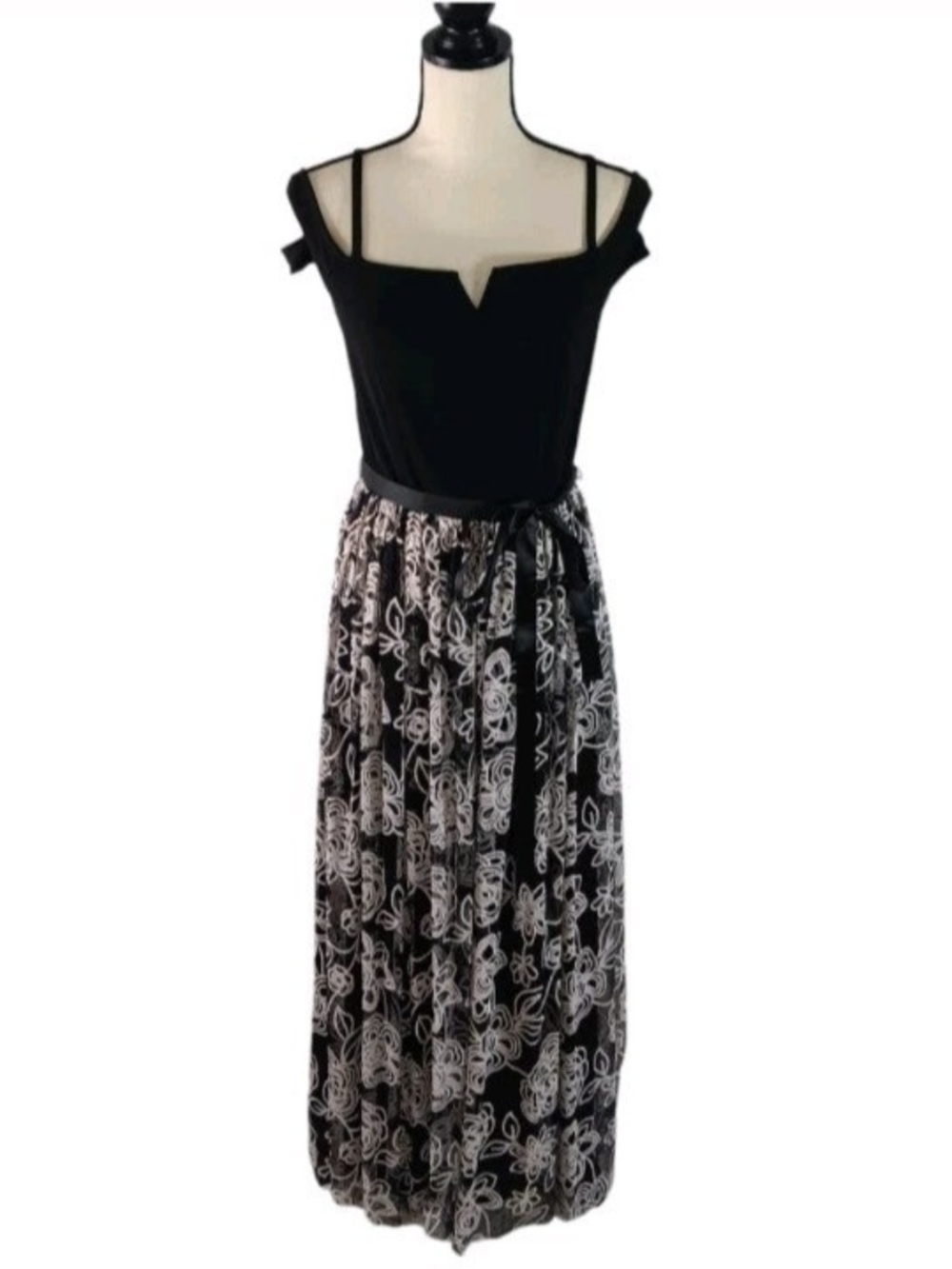 Candalite Black & White Strappy Whimsigoth Cold Shoulder Floral Lace Maxi Dress